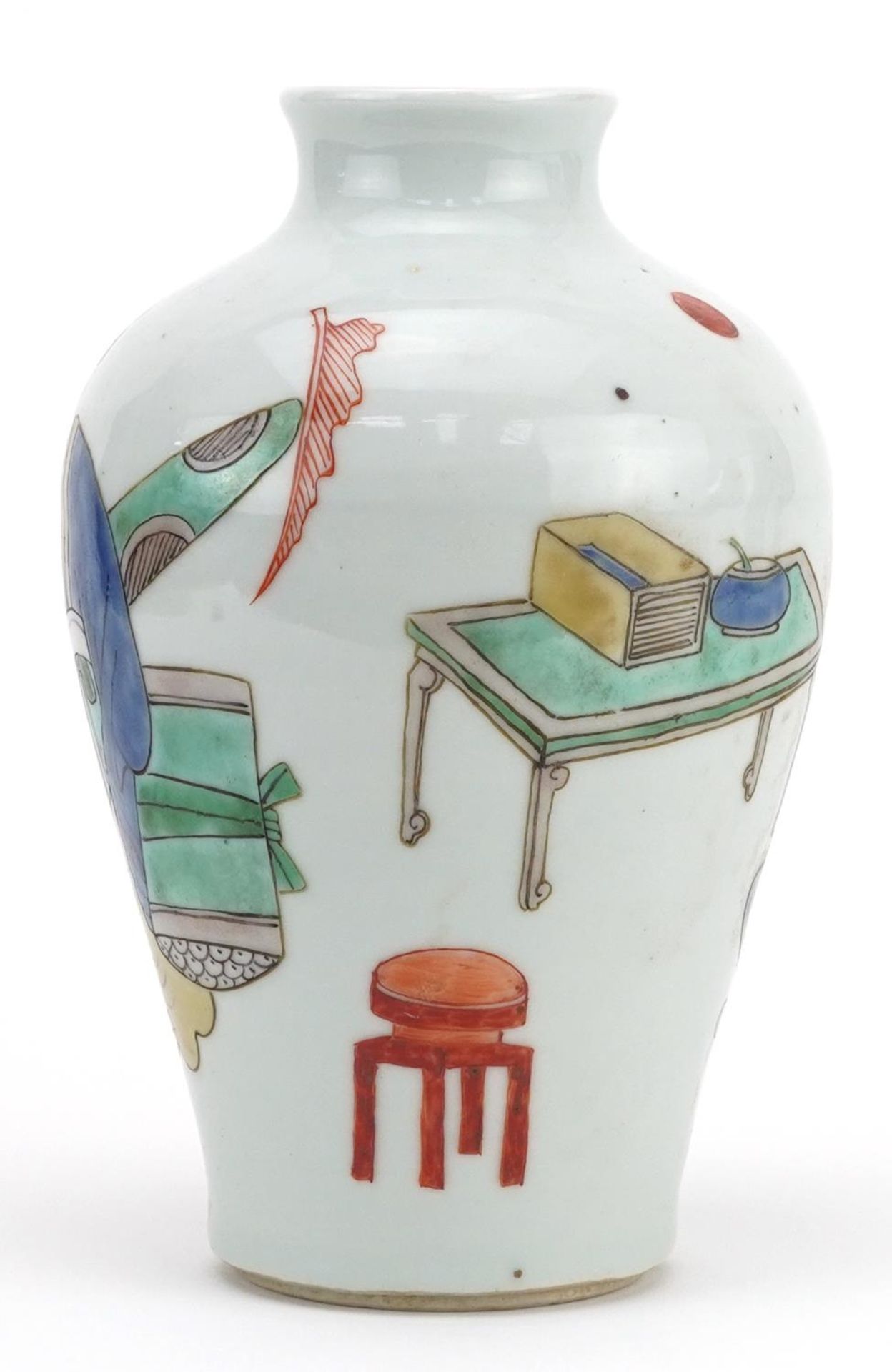 Chinese porcelain baluster vase hand painted in the famille verte palette with a scholar, 20cm - Image 2 of 6