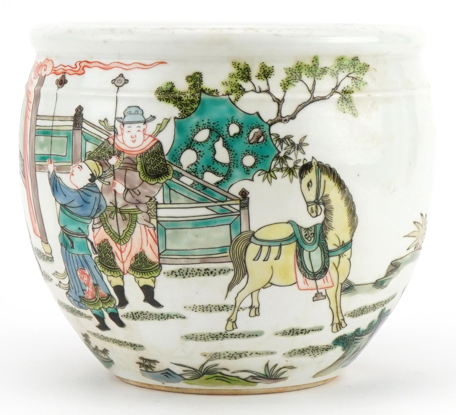 Chinese porcelain jardiniere hand painted in the famille verte palette with warriors and - Image 3 of 7