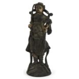 Chinese lacquered cast metal figure of a warrior with remnants of gilding and paint, 20cm high : For