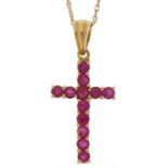 9ct gold ruby cross pendant on a 9ct gold necklace, 2.5cm high and 44cm in length, 1.3g : For