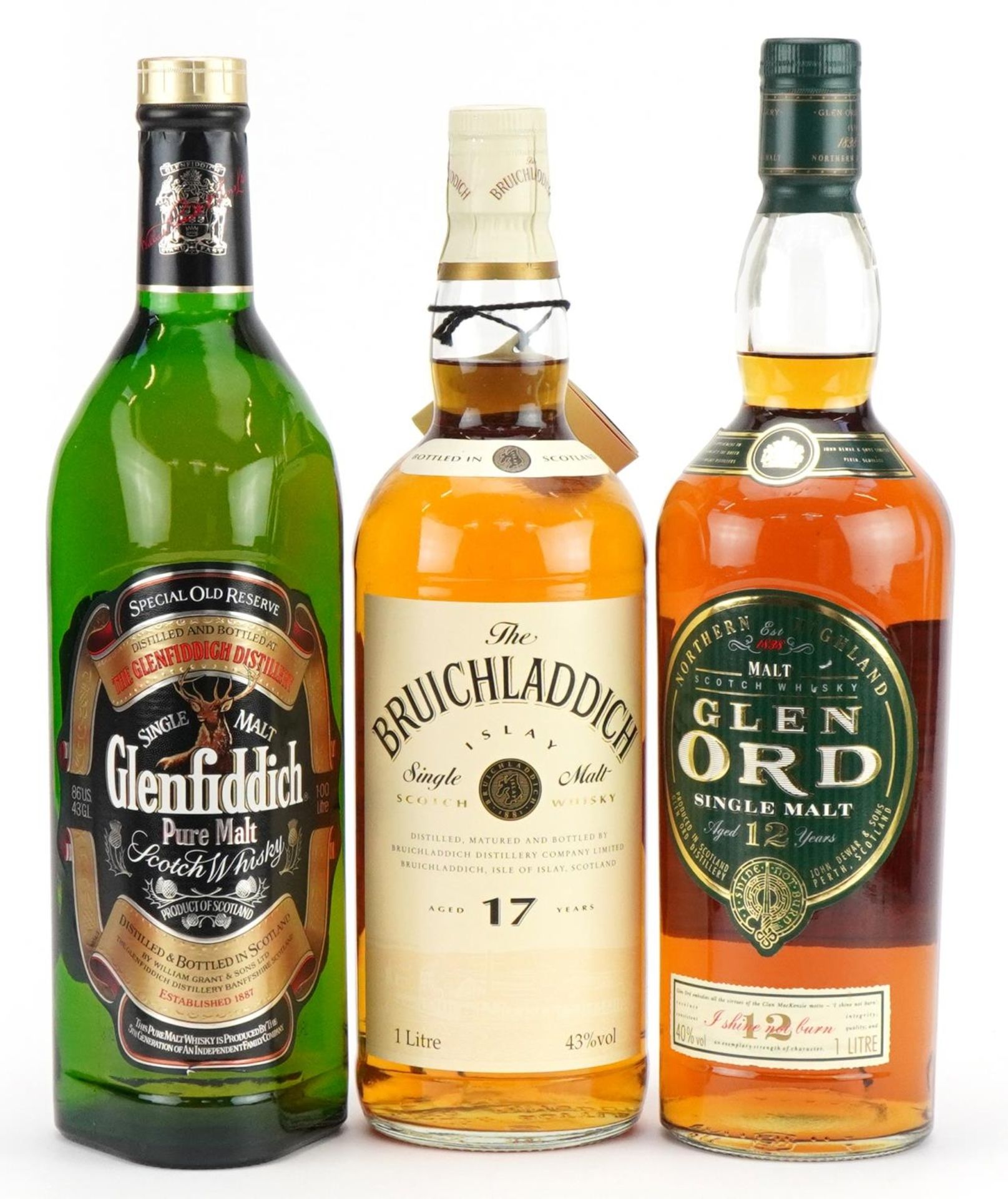 Three one litre bottles of whisky with boxes comprising Glen Ord aged 12 years, Bruichladdich aged - Image 2 of 3