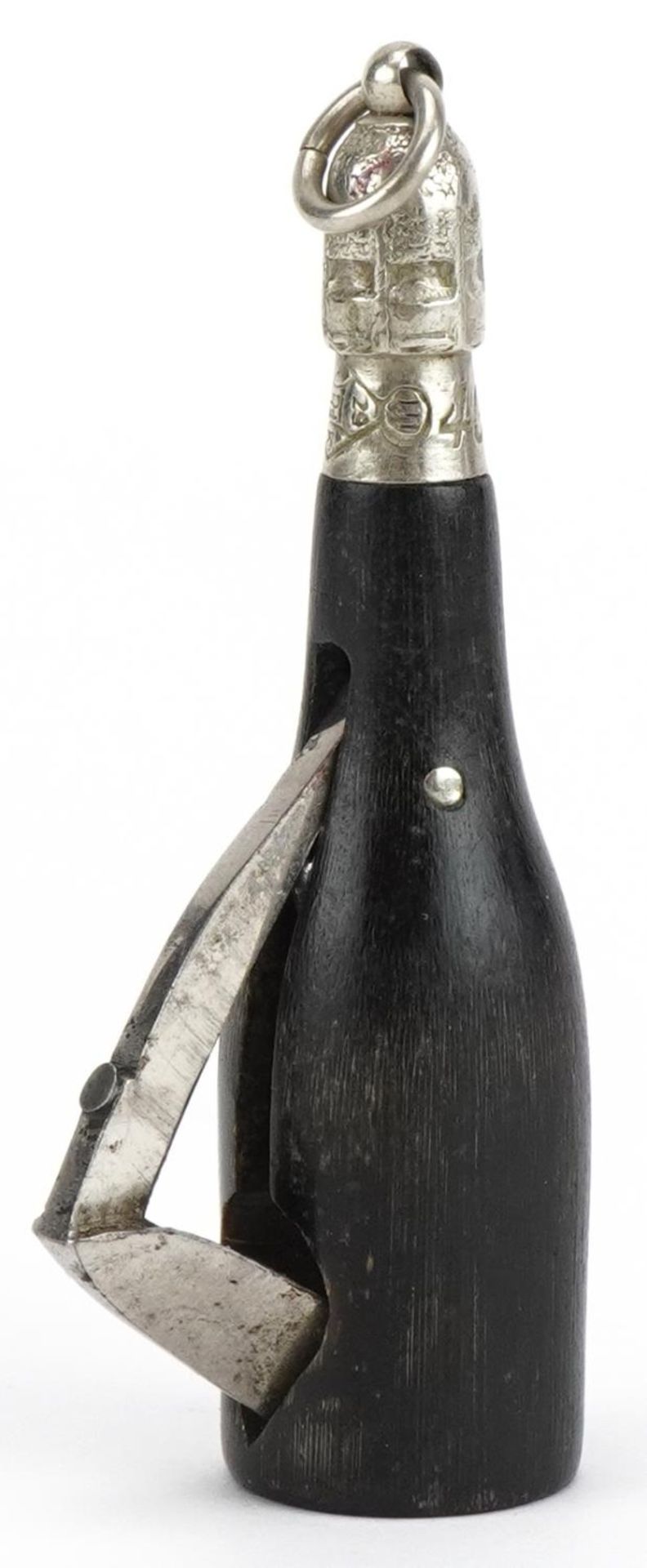 Victorian horn cigar cutter in the form of a Champagne bottle, impressed lozenge mark and numbered - Image 2 of 4