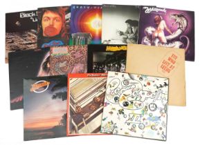 Vinyl LP records including Earth, Wind & Fire, Black Sabbath, The Beatles, Led Zeppelin and