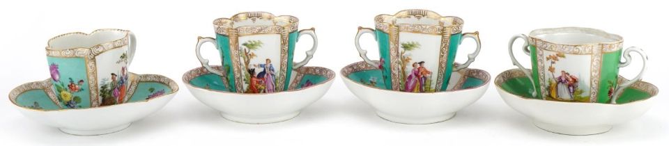 Augustus Rex, four German porcelain quatrefoil cups with saucers hand painted with lovers and