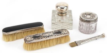 Antique and later silver mounted objects including Art Nouveau tortoiseshell clothes brush and