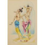 Barbara Rogers - Balinese dancers, watercolour on card, inscribed label verso, mounted and framed,