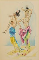 Barbara Rogers - Balinese dancers, watercolour on card, inscribed label verso, mounted and framed,