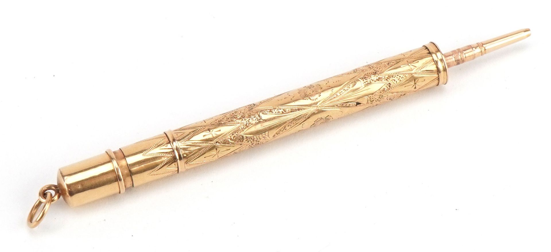Victorian unmarked gold propelling pencil and dip pen with floral chased case, 7.5cm in length - Image 3 of 3