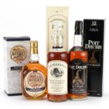 Three bottles of whisky with boxes comprising Poit Dhubh aged 12 years, Whisky Galore aged 10