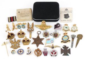 British militaria including World War II Italy star, RAF cufflinks, cap badges and pin badges :