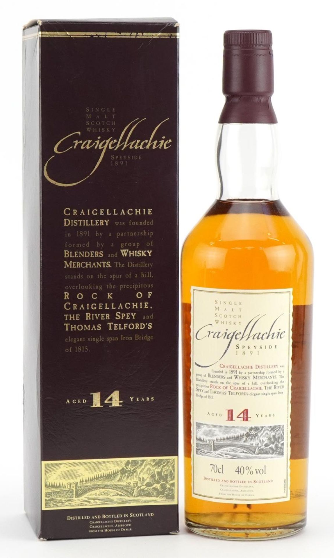 Bottle of Craigellachie Speyside Single Malt whisky with box and aged 14 years : For further