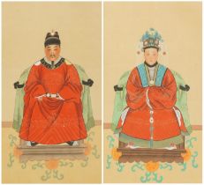Ancestral portraits, pair of Chinese watercolours on silk, framed and glazed, each 46cm x 26cm