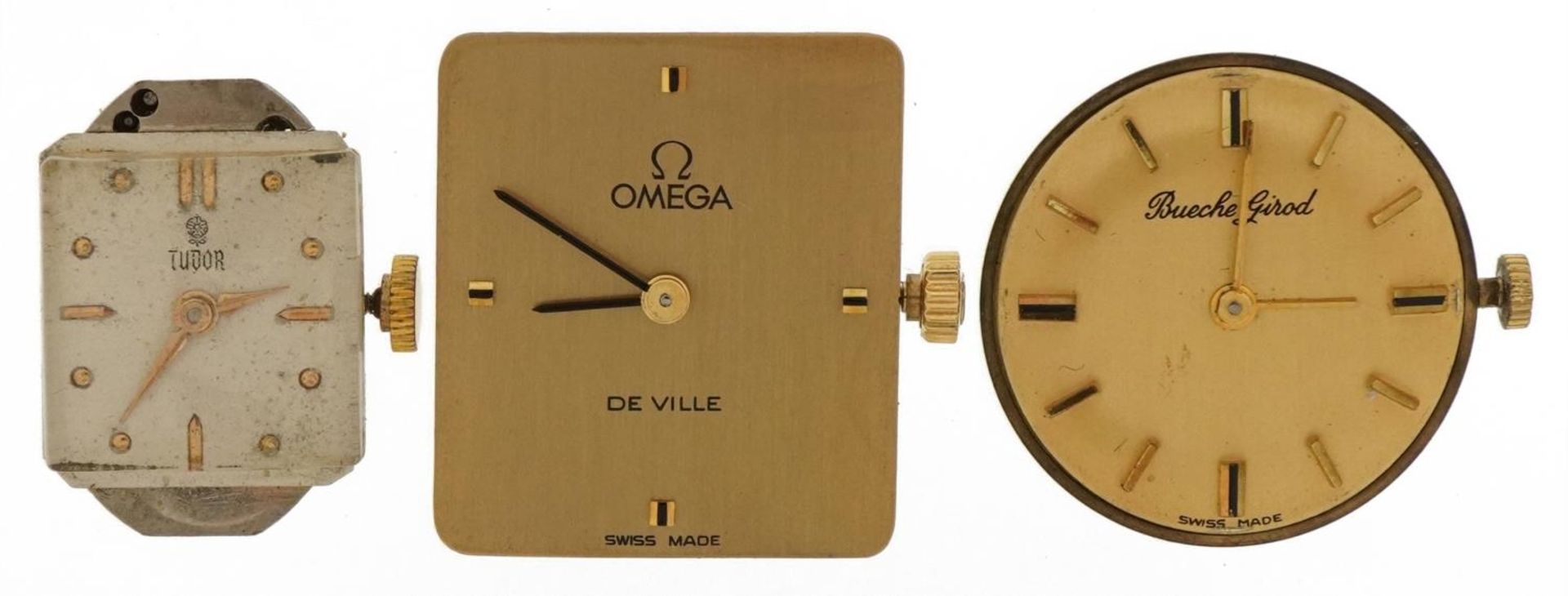 Three wristwatch movements comprising Omega Deville, Tudor and Bueche-Girod : For further