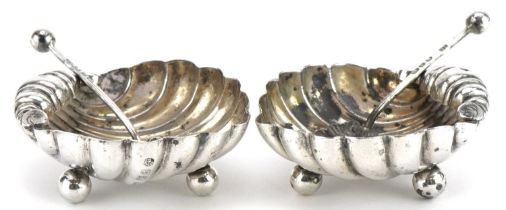 William Henry Lever, pair of Victorian silver shell shaped open salts with spoons, Birmingham