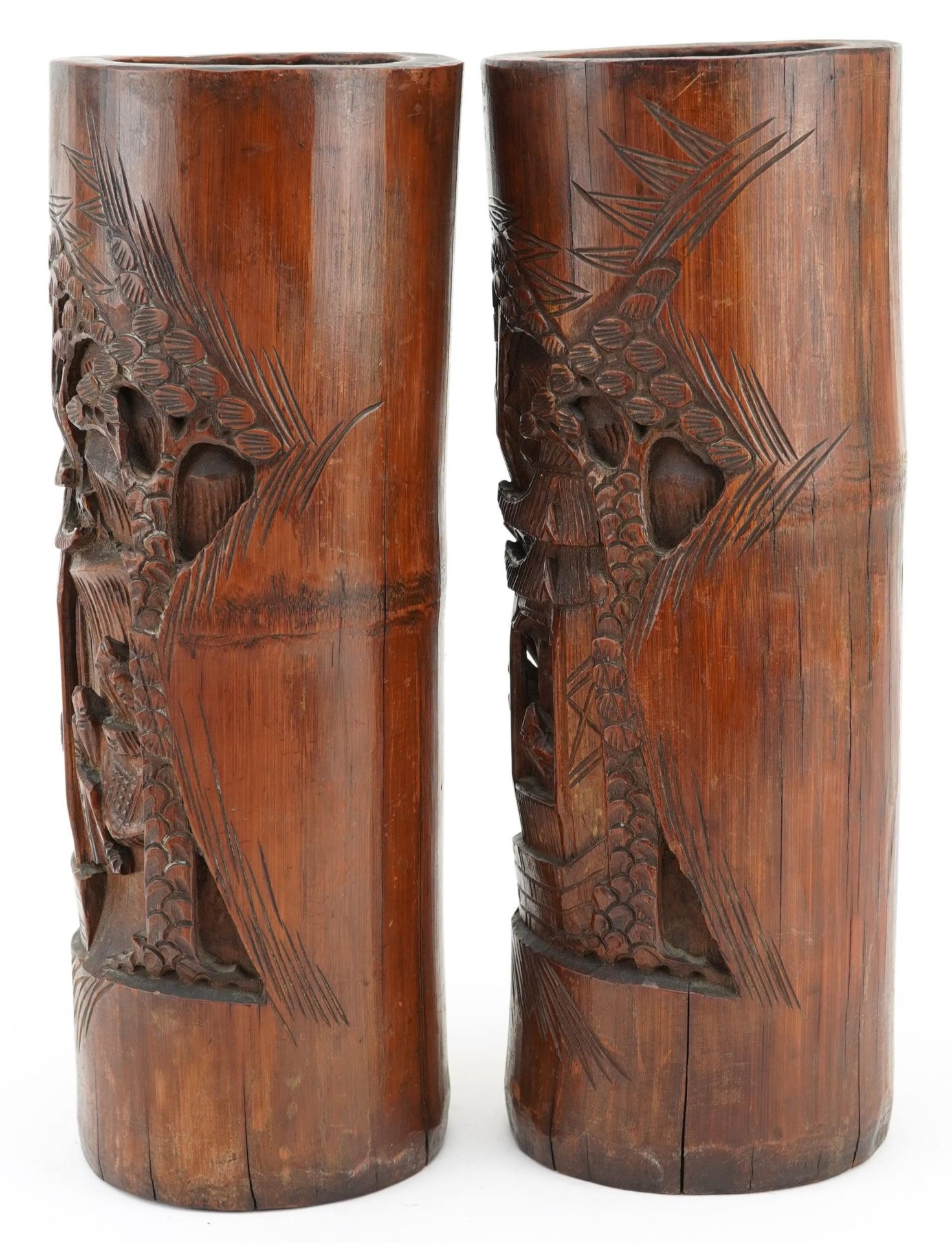 Large pair of oriental Chinese bamboo brush pots carved with elders, 29cm high : For further - Image 2 of 6