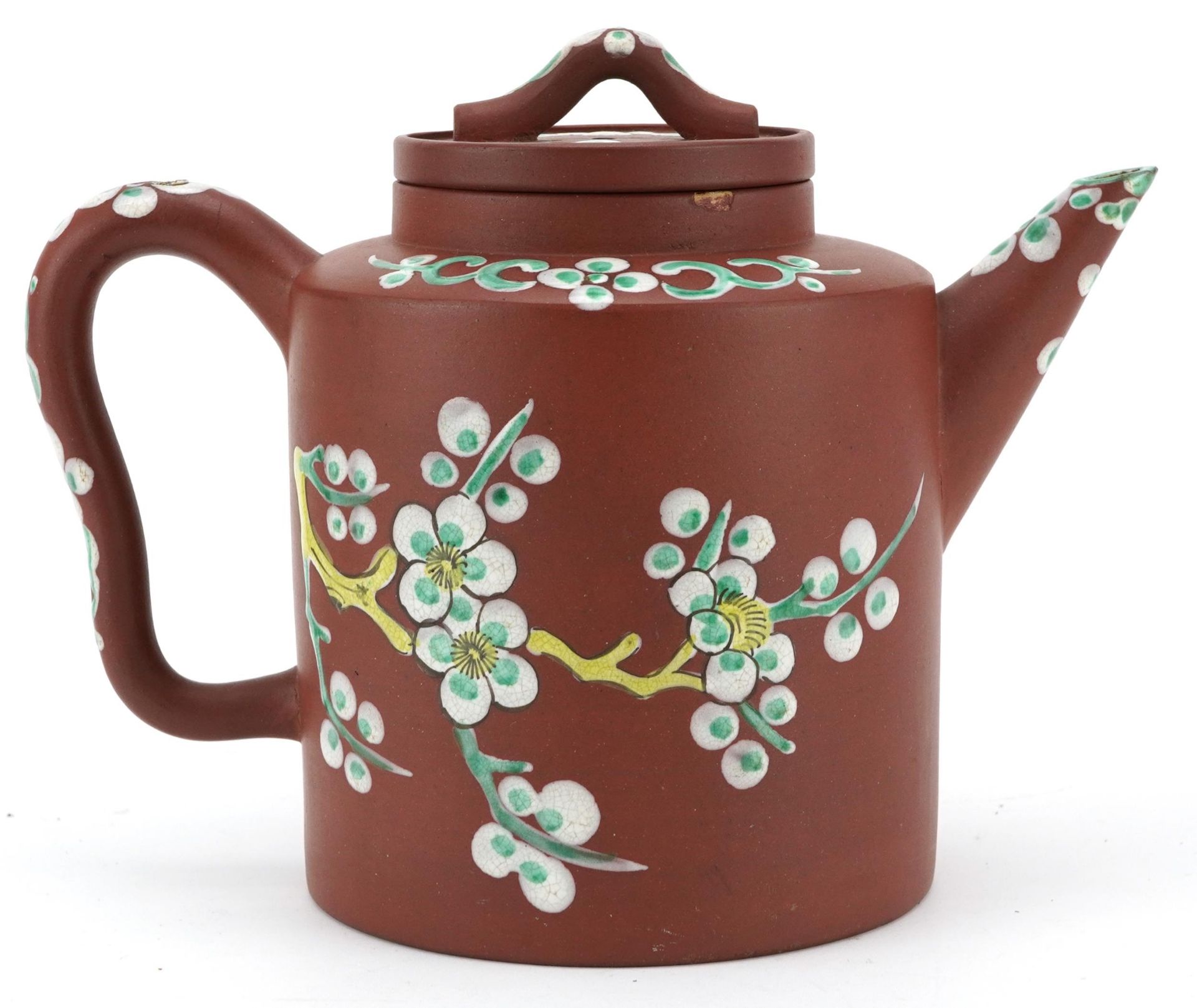 Chinese Yixing terracotta teapot enamelled with flowers, incised character marks to the base, 18.5cm - Image 5 of 8