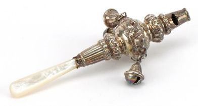 E S Barnsley & Co, Victorian silver baby's rattle whistle with mother of pearl handle, Birmingham