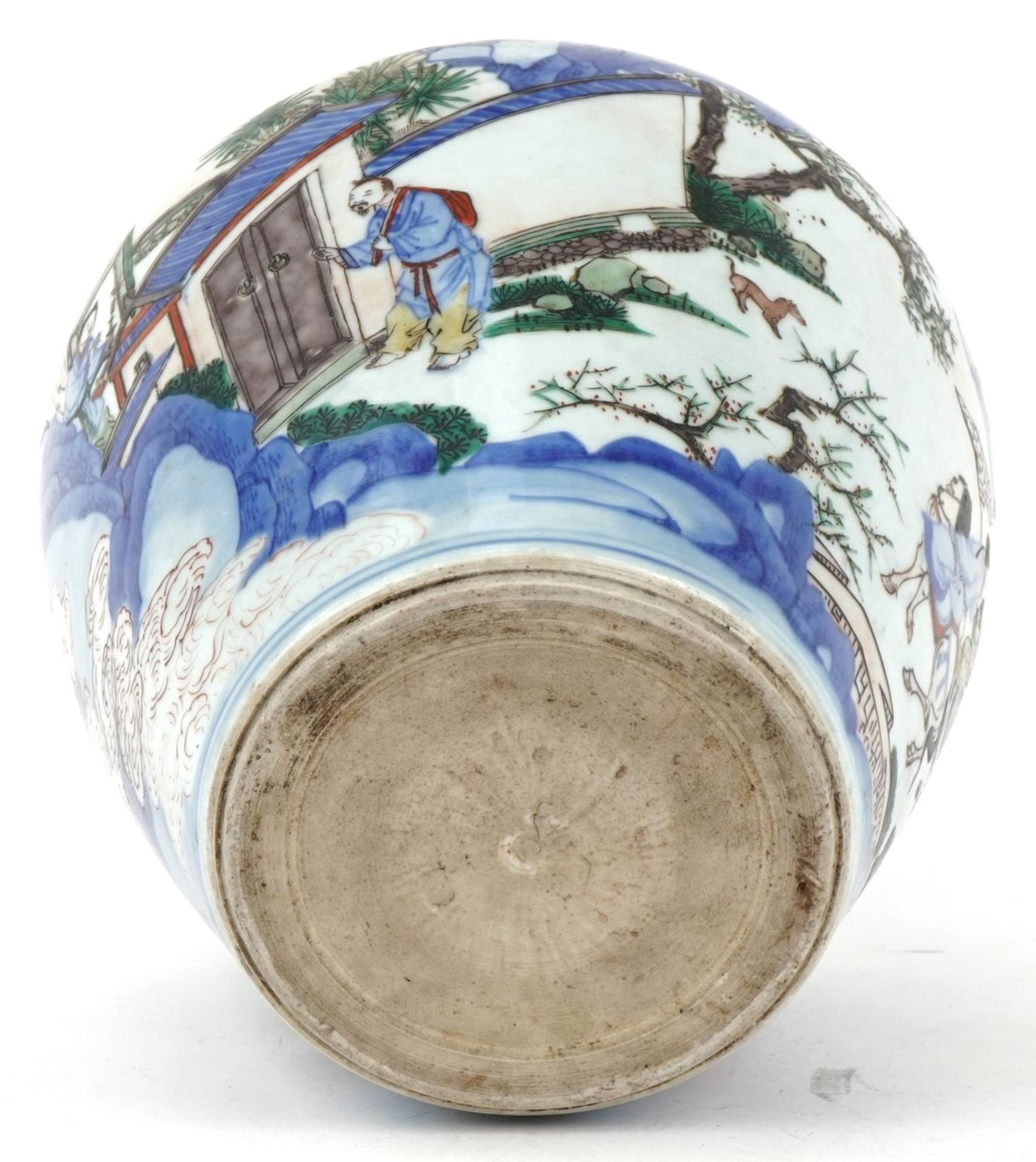 Large Chinese doucai porcelain vase hand painted with a figure on horseback and attendants - Image 7 of 7