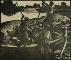 Clare Leighton - Men breaking up a barge, wood engraving, various inscriptions verso including The
