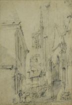 John Burgess - French street scene with cathedral, 19th century preliminary pencil sketch, inscribed