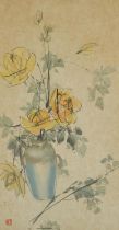 Still life flowers in a vase, Chinese ink and watercolour with red seal mark, mounted, framed and