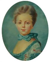 Head and shoulders portrait of a young girl wearing 18th century dress, French school oval oil,