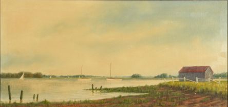 A H Thistle - Boats on an estuary, oil on board, mounted and framed, 71cm x 40cm excluding the mount