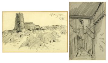 George Charles Haite 1900 - Street scene and town, pair of pencil/charcoal drawings, each signed