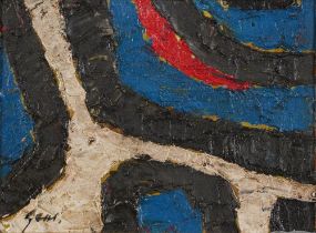 Abstract composition, blue, red, black and white, Modern British impasto oil on board, framed,