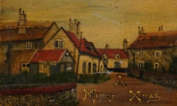 Village street scene inscribed A Merry Xmas, early 20th century oil on convex wood panel, mounted