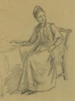 Attributed to Leonard Leslie Brooke - Woman seated at a desk, late 19th/early 20th century pencil,