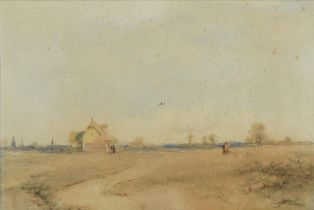 Arthur Gerald Ackerman - Rural landscape with cottage and figures, watercolour, inscribed verso,