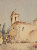 Kenneth Anns 1953 - Figures before a tower, mid 20th century watercolour, biography and various