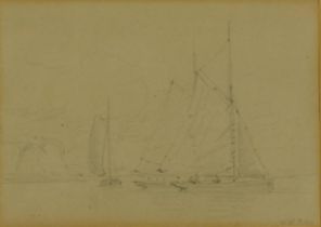 Walter William May - Sailing boats with figures, pencil, mounted, framed and glazed, 16.5cm x 12cm