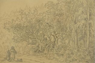 Attributed to Hans Knochl - Wooded landscape with mother and child, Pre Raphaelite school pencil and