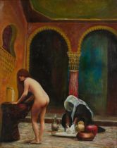 Nude female in an interior with a kneeling figure, Orientalist oil on canvas, mounted and framed,