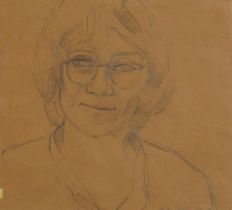 Faith O'Reilly - Head and shoulders portrait of a female wearing spectacles, 1980s pencil, inscribed