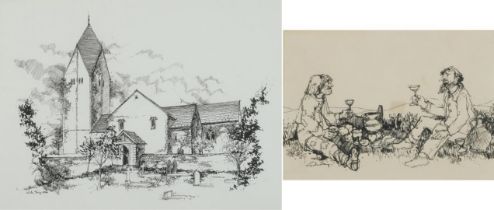 Churchyard and two figures at a picnic, two ink drawings, each indistinctly signed, possibly G...?