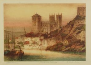 James Alphege Brewer - Dutch river landscape with cathedral, pencil signed etching in colour,