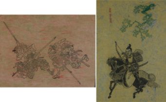 Archer on horseback and warriors, two Japanese prints, one with character marks, mounted, framed and