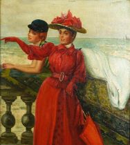 Two females wearing Edwardian dress before a coastal landscape, oil on board, mounted and framed,