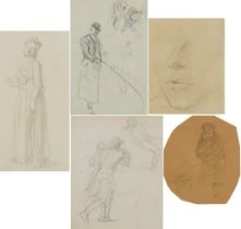 Portraits and studies, five 19th century and later pencil drawings including a full length