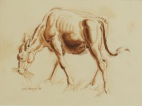 James Woodford RA - Study of a donkey, sepia watercolour, label verso, mounted, framed and glazed,