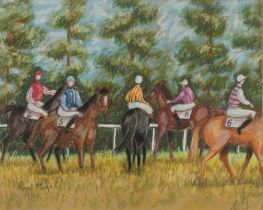 Circle of Paul Maze - Jockeys on horseback, horseracing interest pastel on paper, mounted, framed