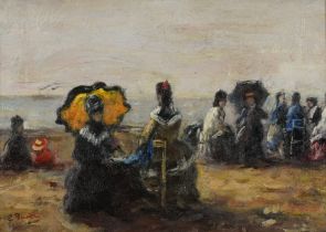 After Eugene Boudin - Busy beach scene, French Impressionist oil on board, mounted, framed and