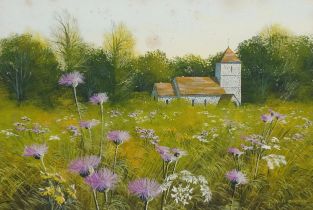 Paul Evans - Flowers before a church, mixed media, mounted, framed and glazed, 24cm x 16cm excluding