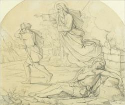 Attributed to Hans Knochl - Two figures before a saint, Pre Raphaelite school pencil, inscribed