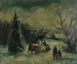 Cossacks and horses in a winter landscape, Russian school oil on canvas, The Rowley Gallery label