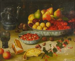 Still life fruit and vessels, Old Master style oil on board, mounted and framed, 54.5cm x 44cm