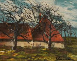 Manner of Maurice Vlaminck - Rustic landscape with windswept trees, oil on canvas board, mounted and